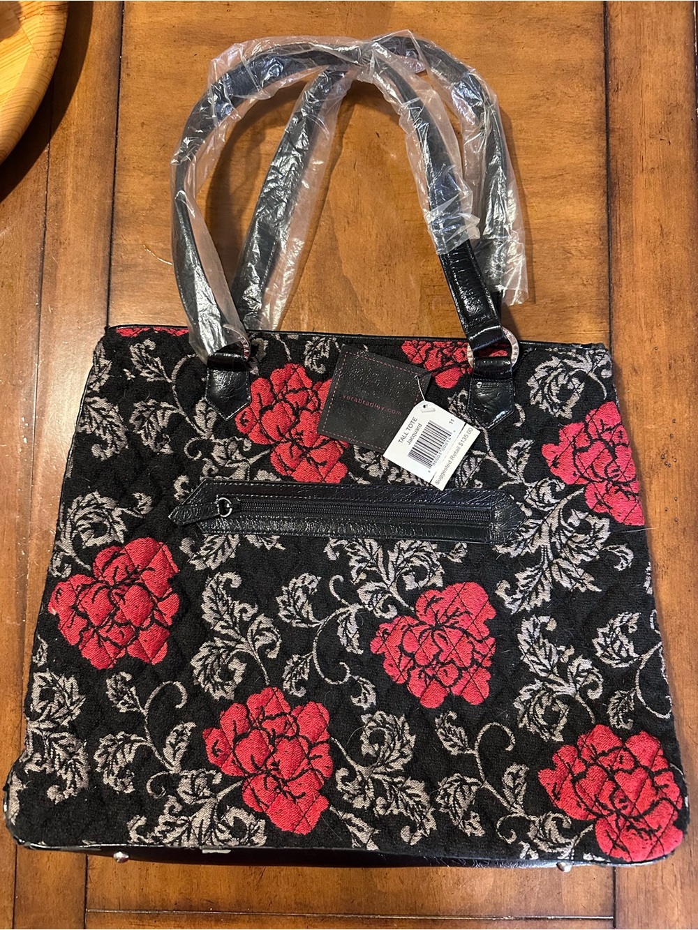 Vera Bradley Retired Black Tote Bag with Red Floral Jacquard - Womens Handbag